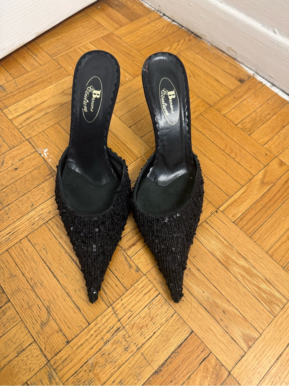 Black Sequin Pointed Mule Heels